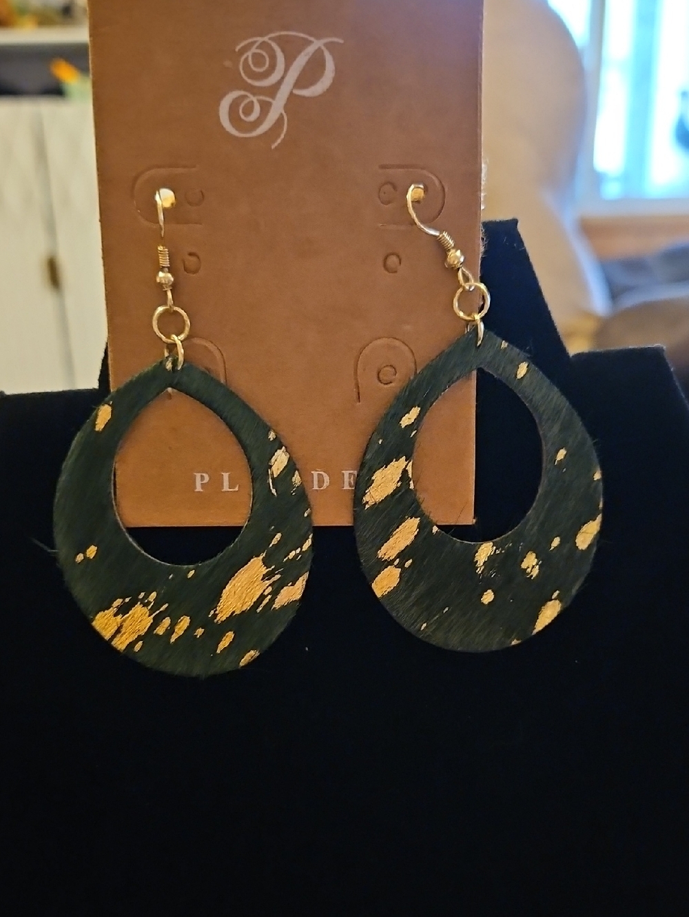 Green Drop Earrings with Gold Fleck Accents